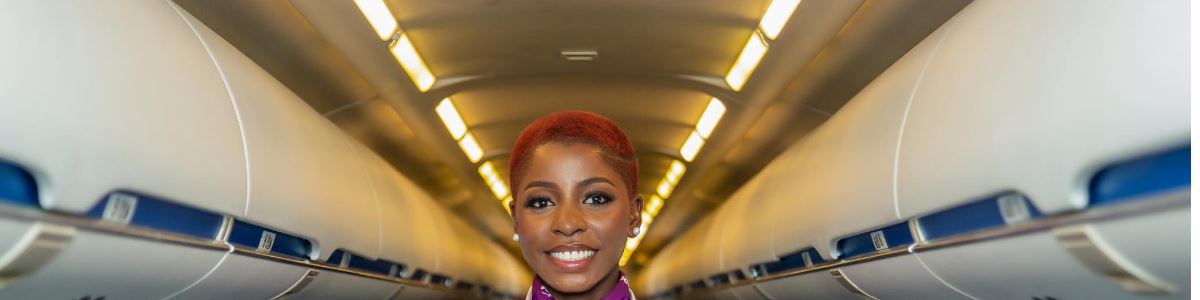 A smiling ValueJet cabin crew member in the aircraft aisle